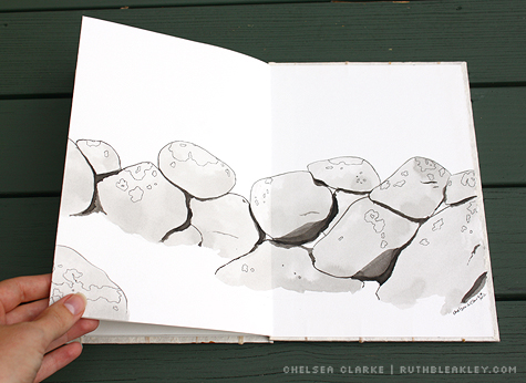 rock wall illustration in a handmade accordion book by Ruth Bleakley and Chelsea Clarke