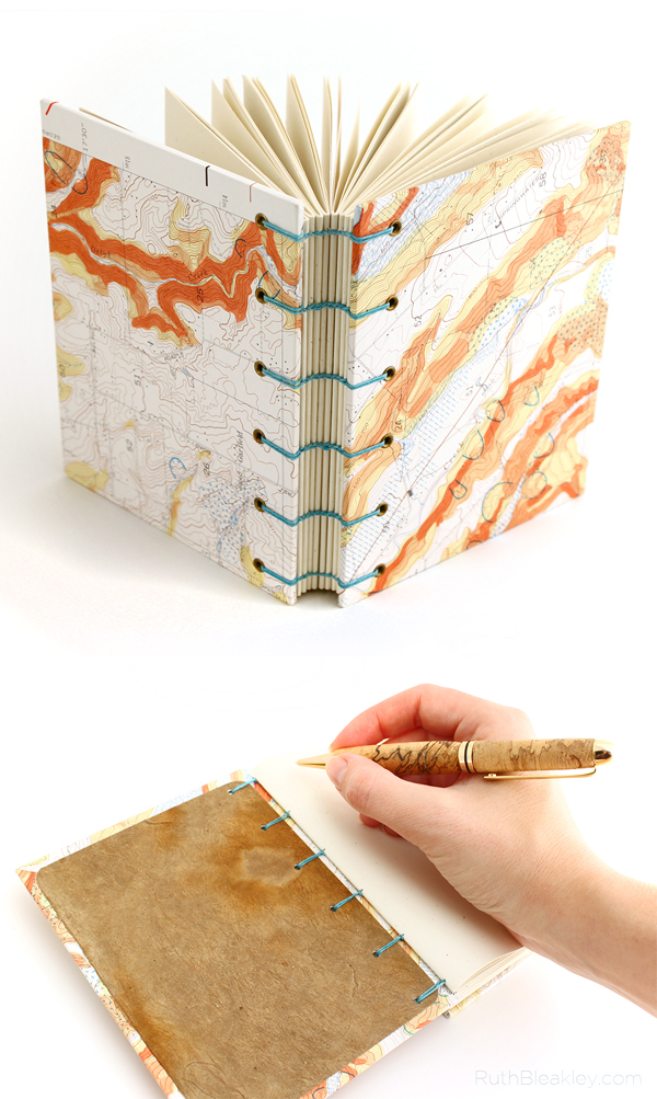 Colorful Topographic Map Journal handmade by Ruth Bleakley with a coptic stitch binding that lays flat when opened