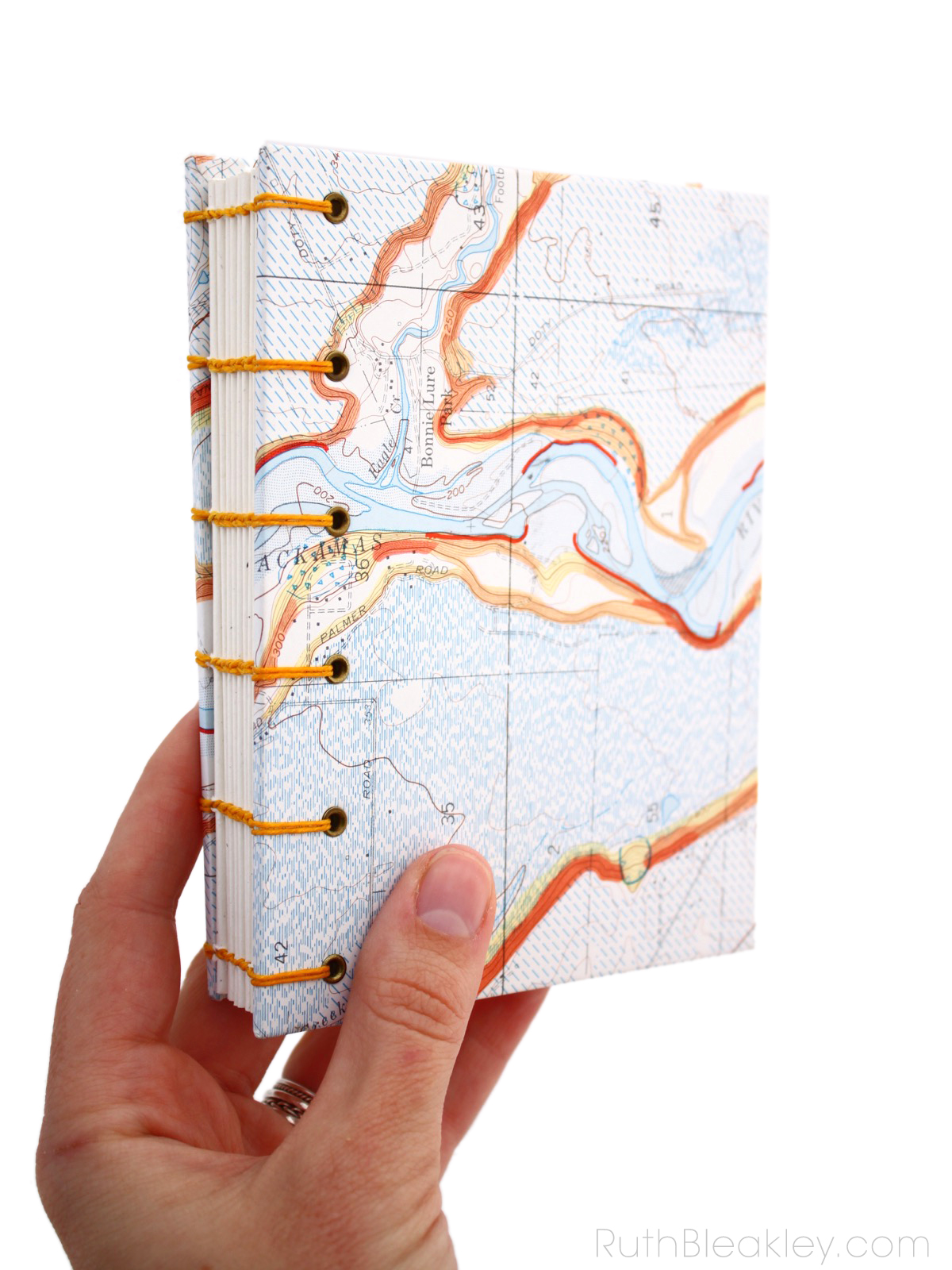 Topographic Map Journal made by Ruth Bleakley with coptic stitch binding 