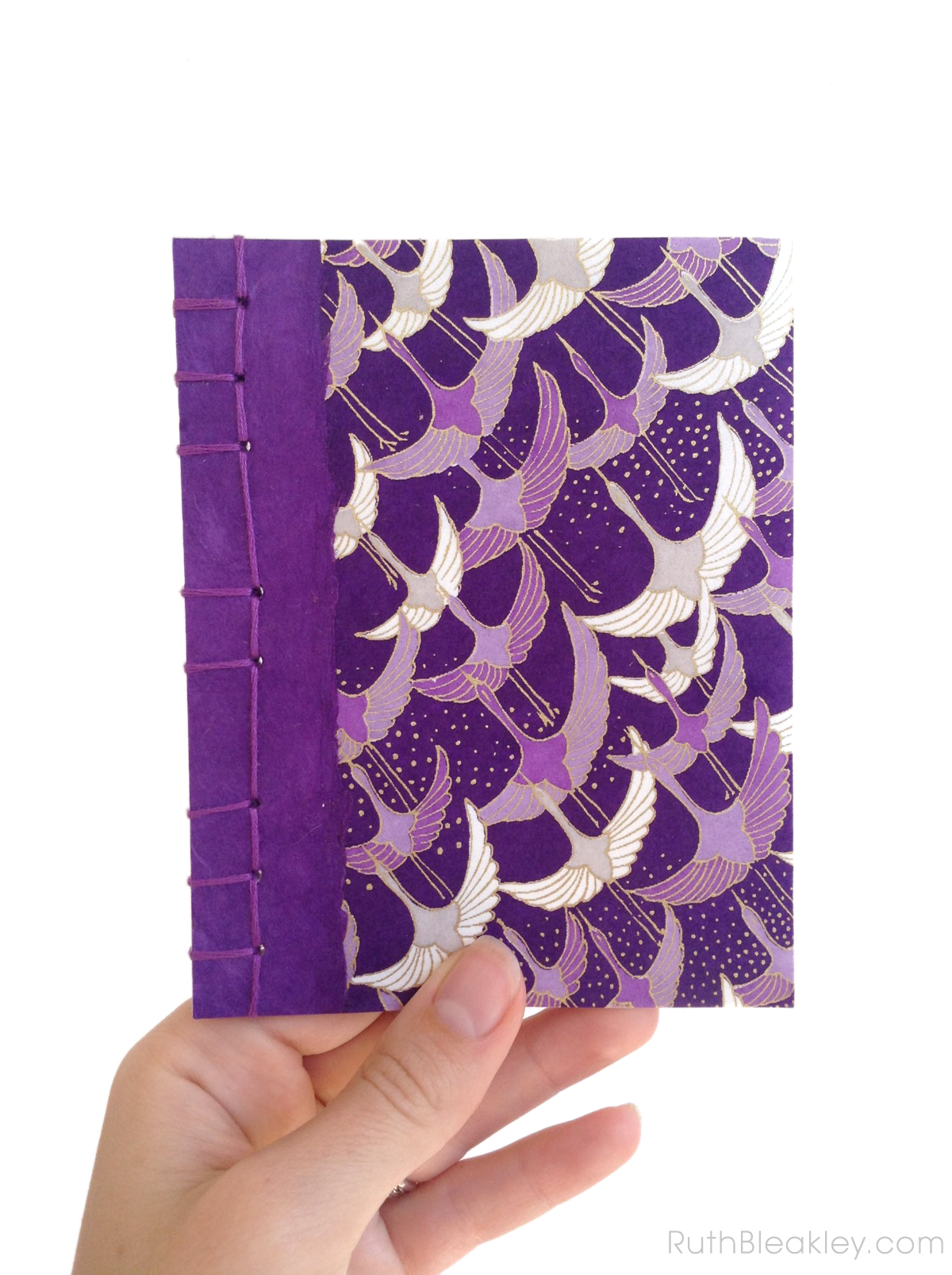 Japanese Stab Bound Notebook with Purple Cranes Chiyogami paper handmade by Ruth Bleakley