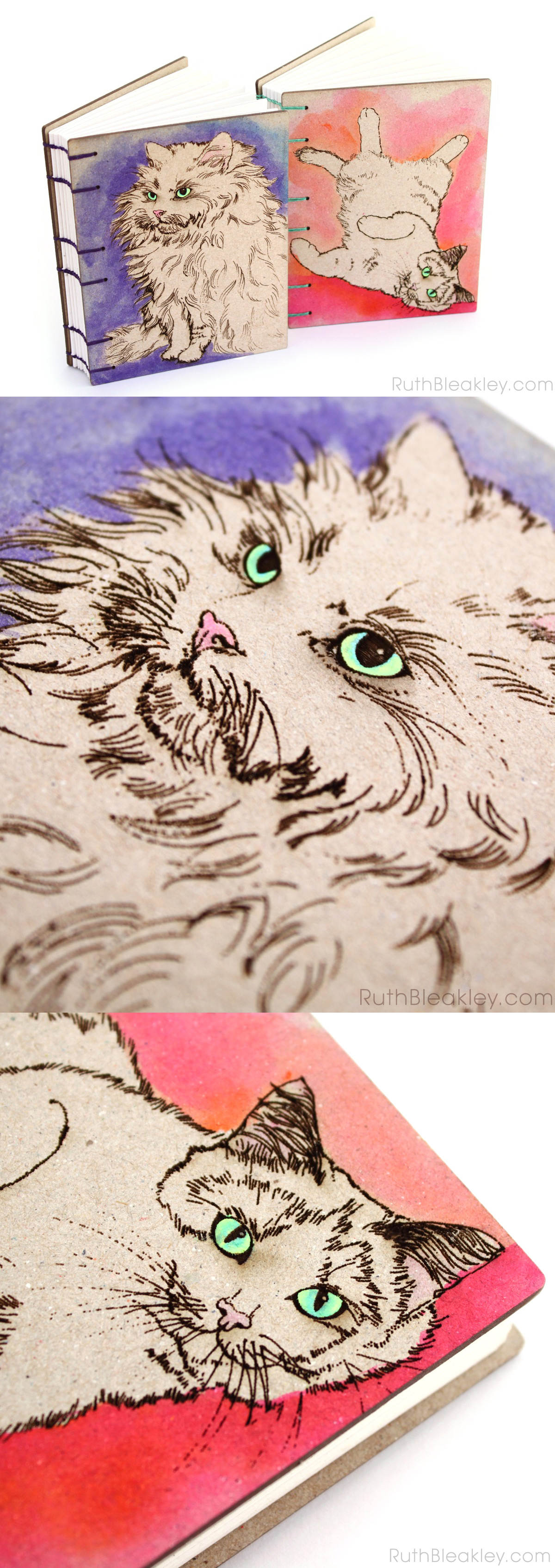 Handpainted Cat Journals made by bookbinder Ruth Bleakley