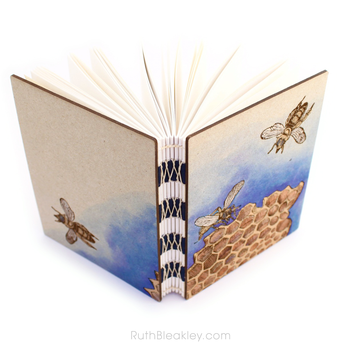 Hand Painted Honeybee Journal with engraved covers handmade by book artist Ruth Bleakley - 2