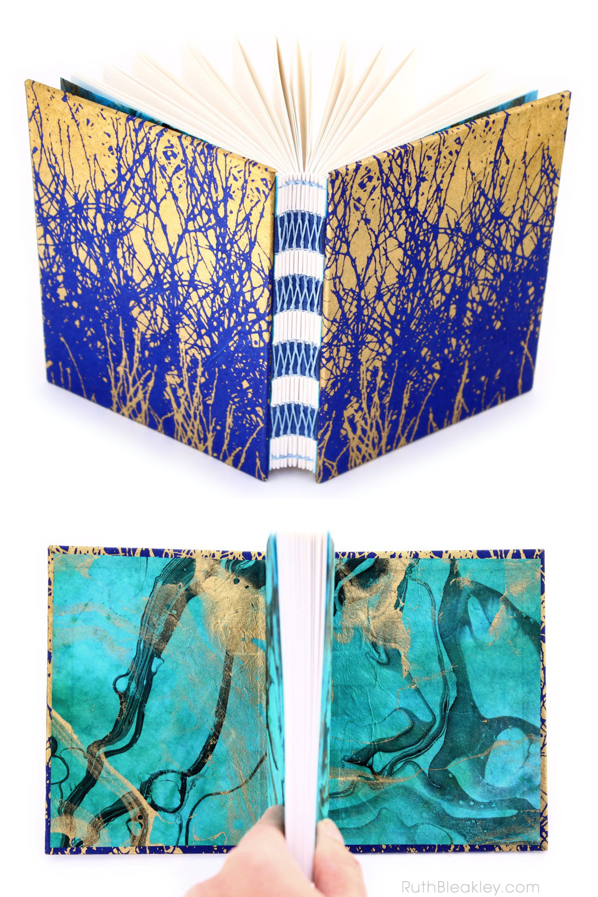 Handmade Journal with French Link Stitch and Indigo and Gold covers by Ruth Bleakley