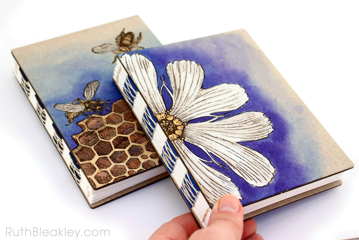 Handpainted Nature Journals sewn with French Link Stitch and engraved with the Glowforge from Book artist Ruth Bleakley - 4
