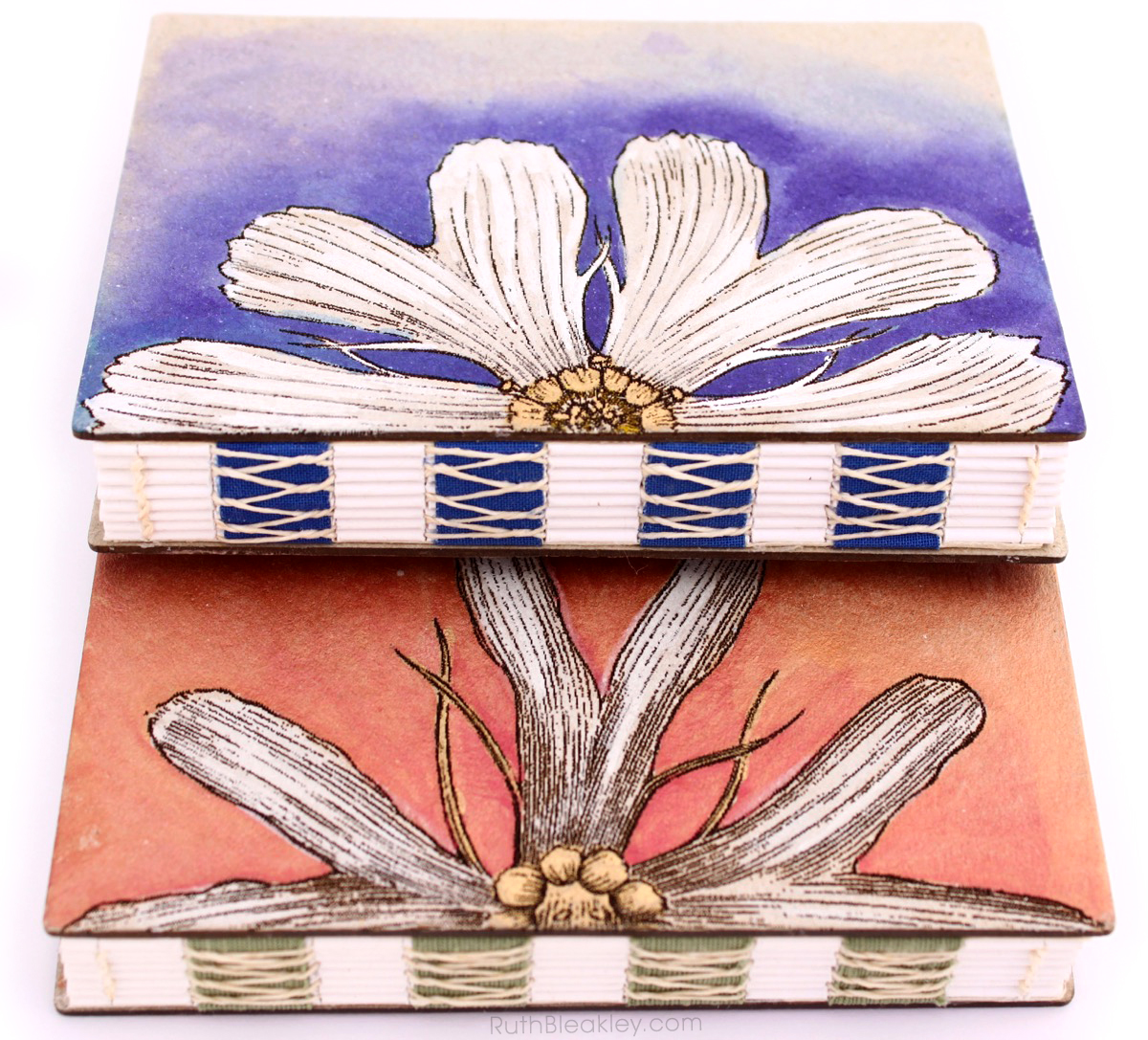 Handpainted Nature Journals sewn with French Link Stitch and engraved with the Glowforge from Book artist Ruth Bleakley - 6