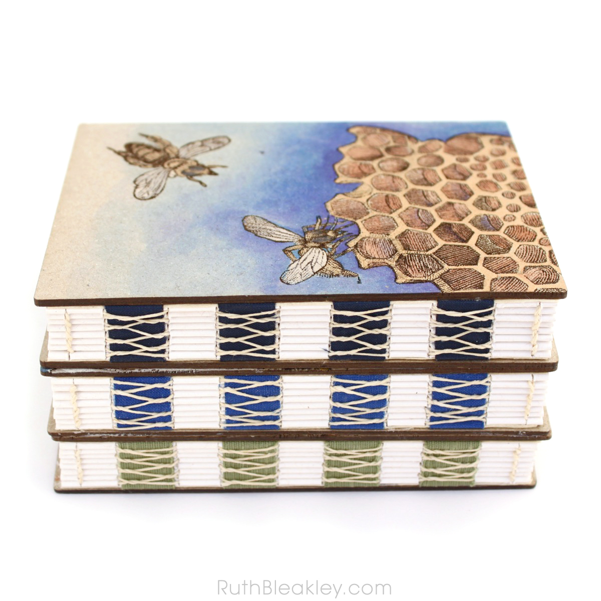 Handpainted Nature Journals sewn with French Link Stitch and engraved with the Glowforge from Book artist Ruth Bleakley - 7