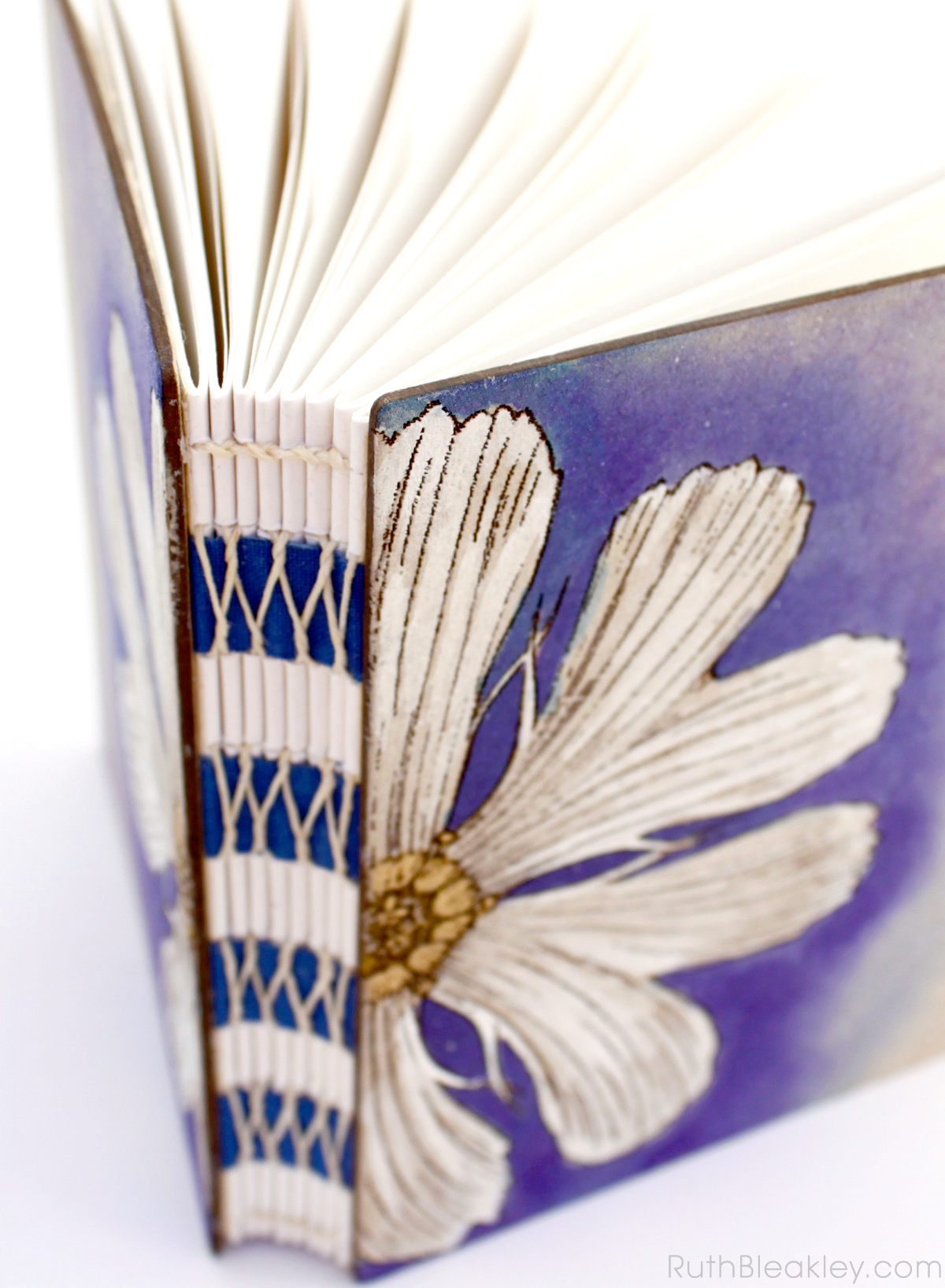 Unlined Art Journal with Purple and White Daisy handpainted by book artist Ruth Bleakley - 4