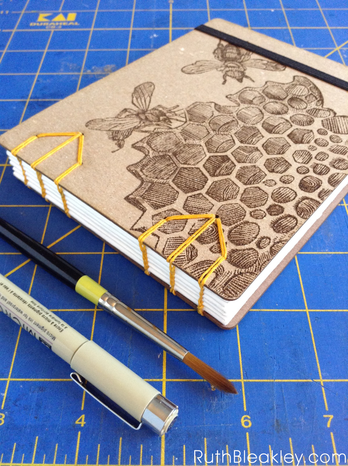 Honeybee Watercolor Sketchbook handmade by Ruth Bleakley with laser engraved cover - beekeeper gifts