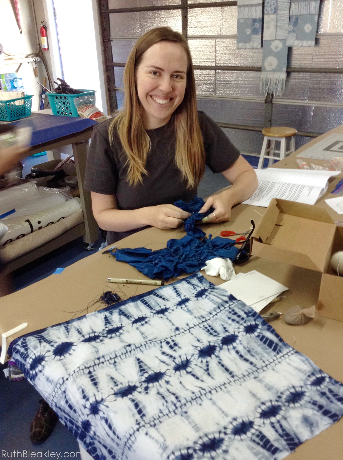 Ruth Bleakley learning Shibori Tie Dye at Aya Fiber Studio - Indigo fiber workshop in Stuart Florida - 2