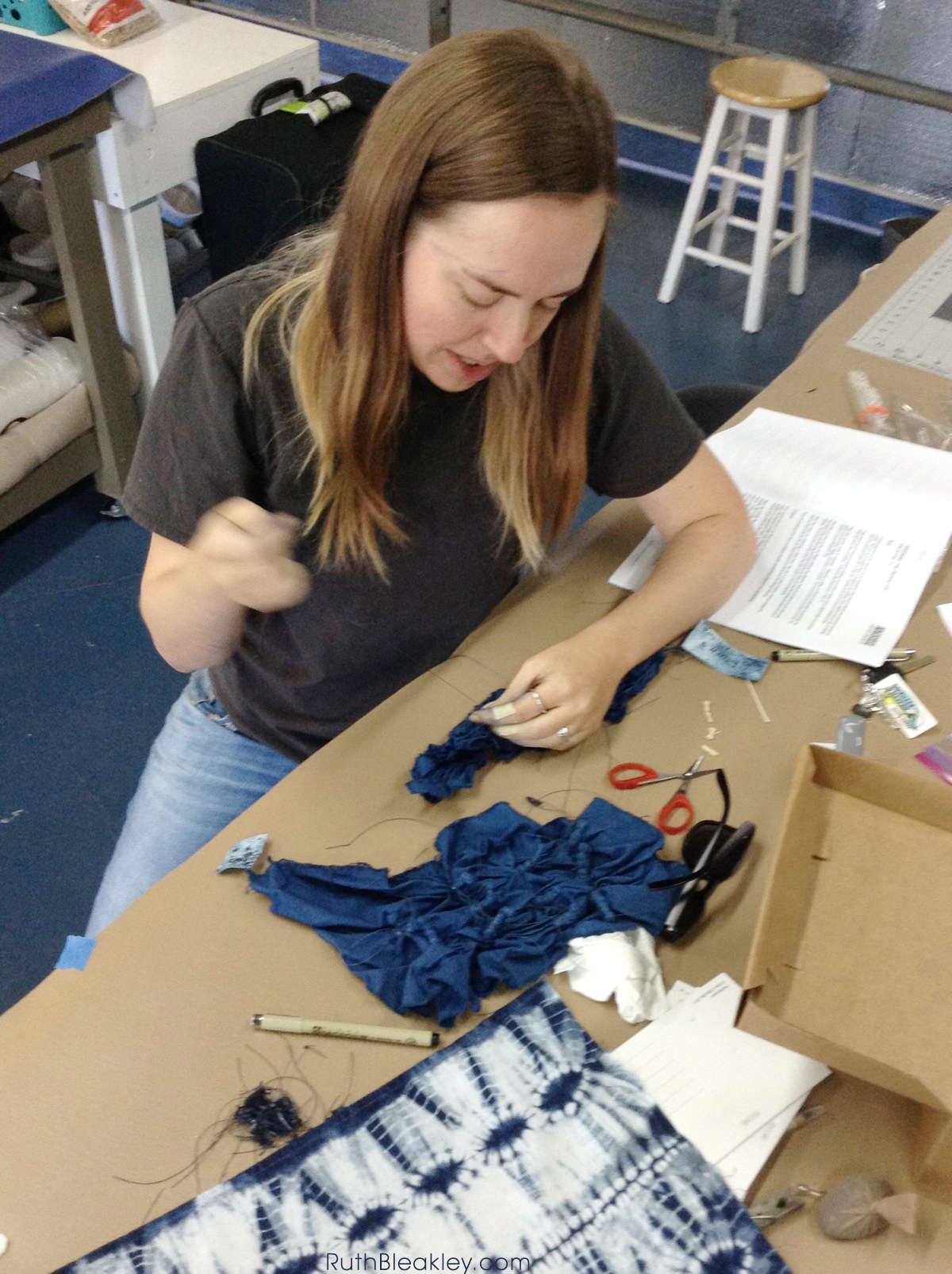 Ruth Bleakley learning Shibori Tie Dye at Aya Fiber Studio - Indigo fiber workshop in Stuart Florida - 4