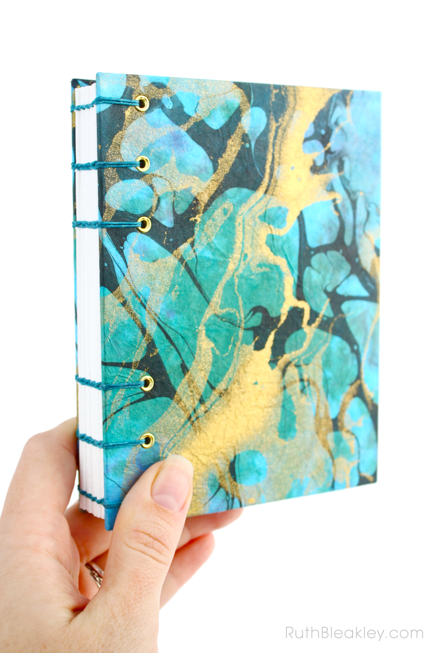 Unlined Blank Art Journal handmade by Ruth Bleakley from Marbled Paper - blue and gold 