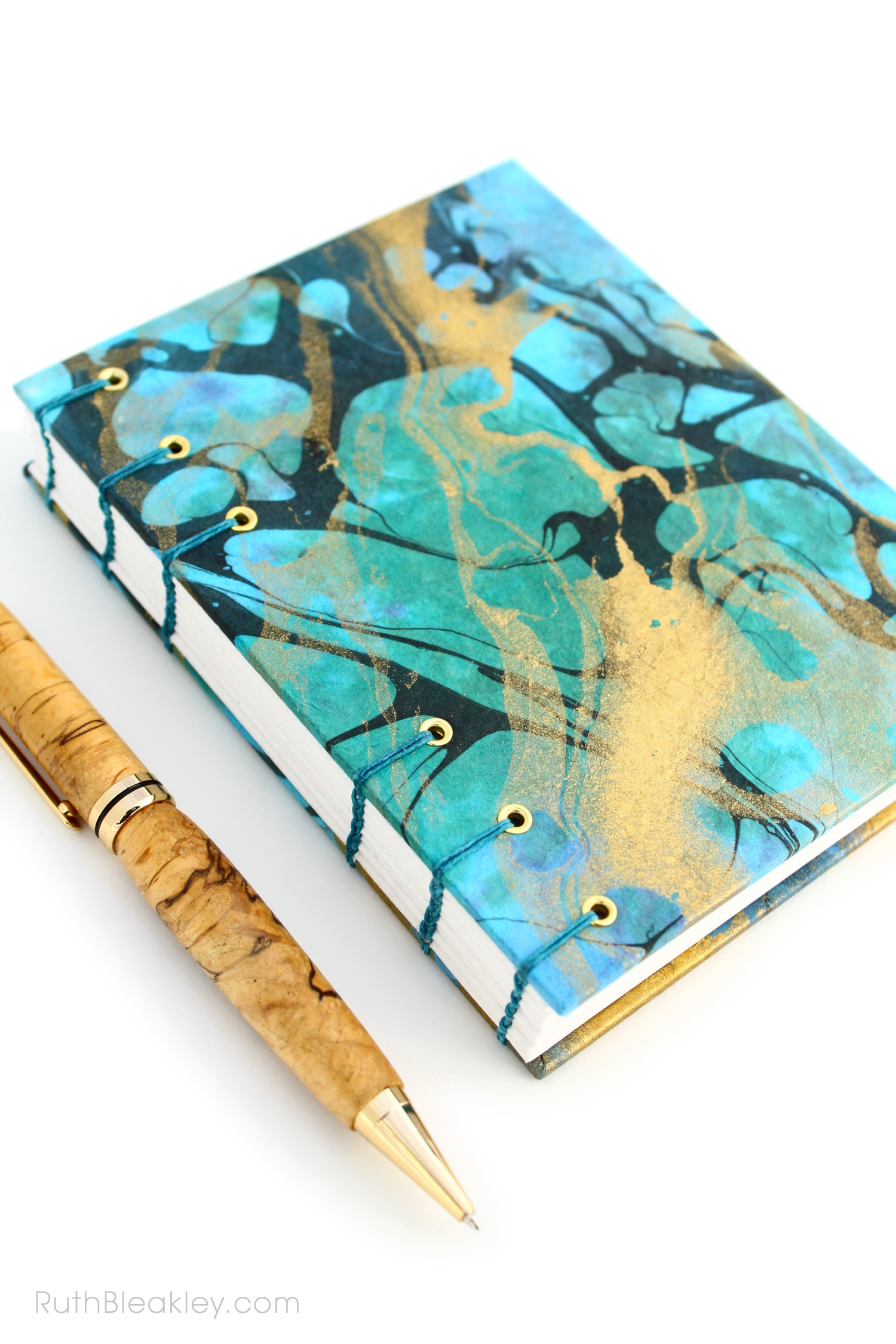 Unlined Blank Art Journal handmade by Ruth Bleakley from Marbled Paper - blue and gold