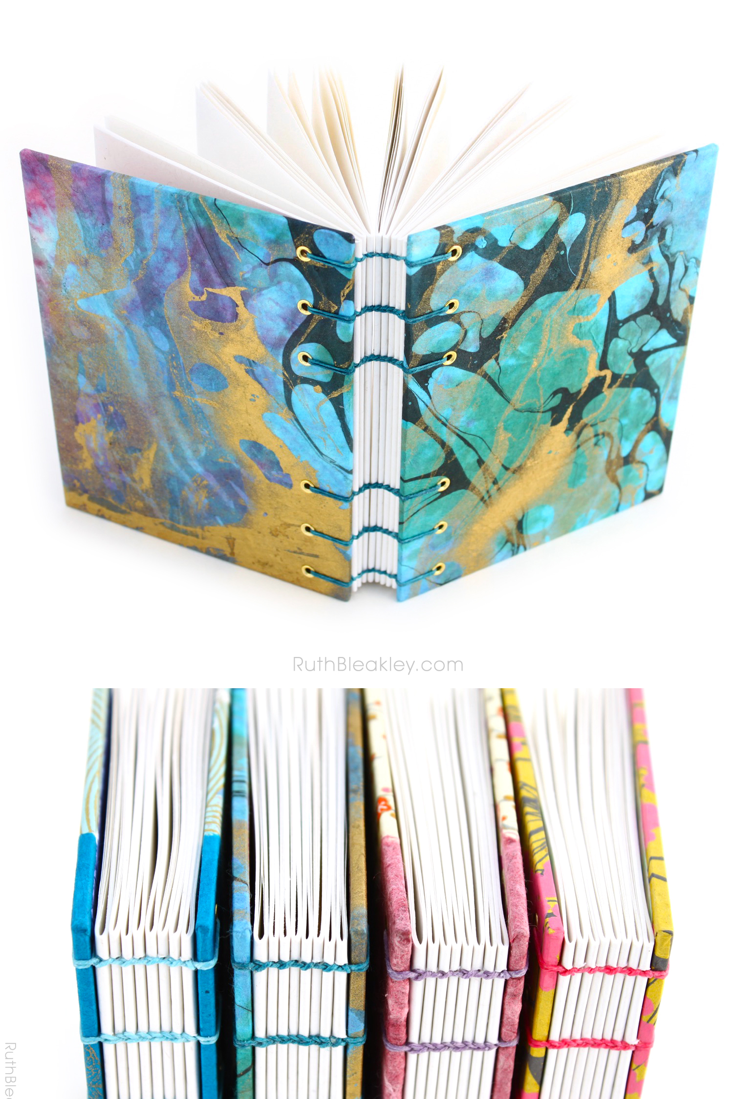 Marbleized Journal handmade by Ruth Bleakley from Marbled Paper - blue and gold