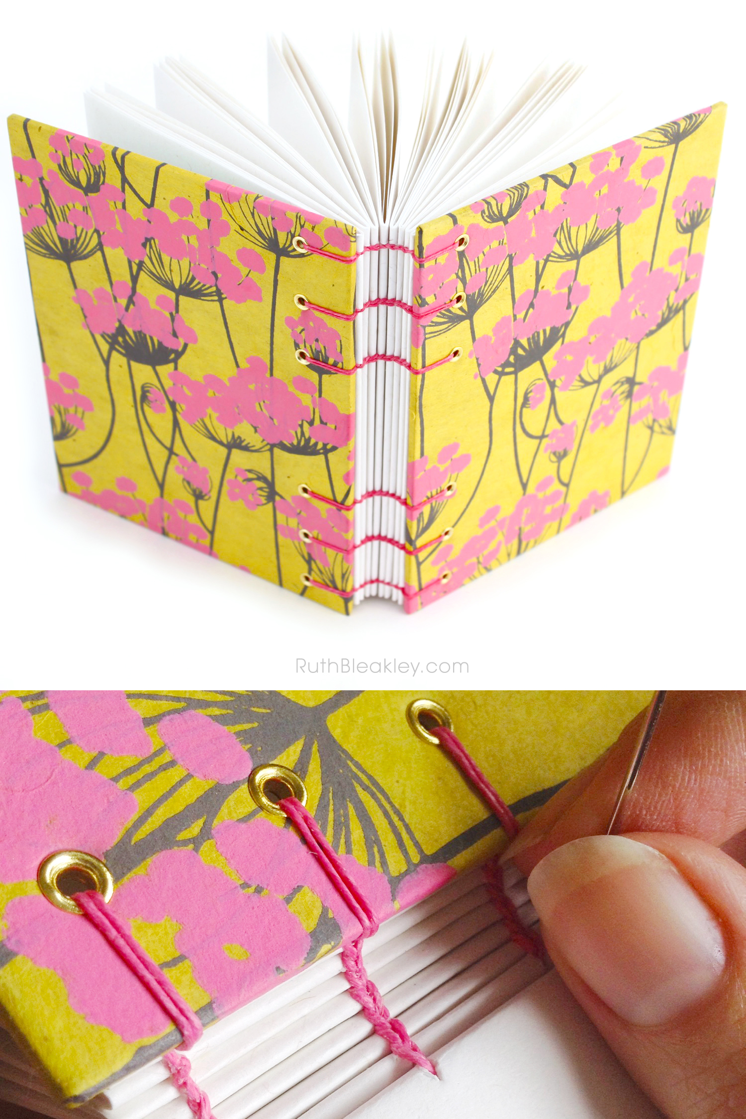 Ruth Bleakley makes handmade blank journals like this pink and yellow one with handmade paper from around the world