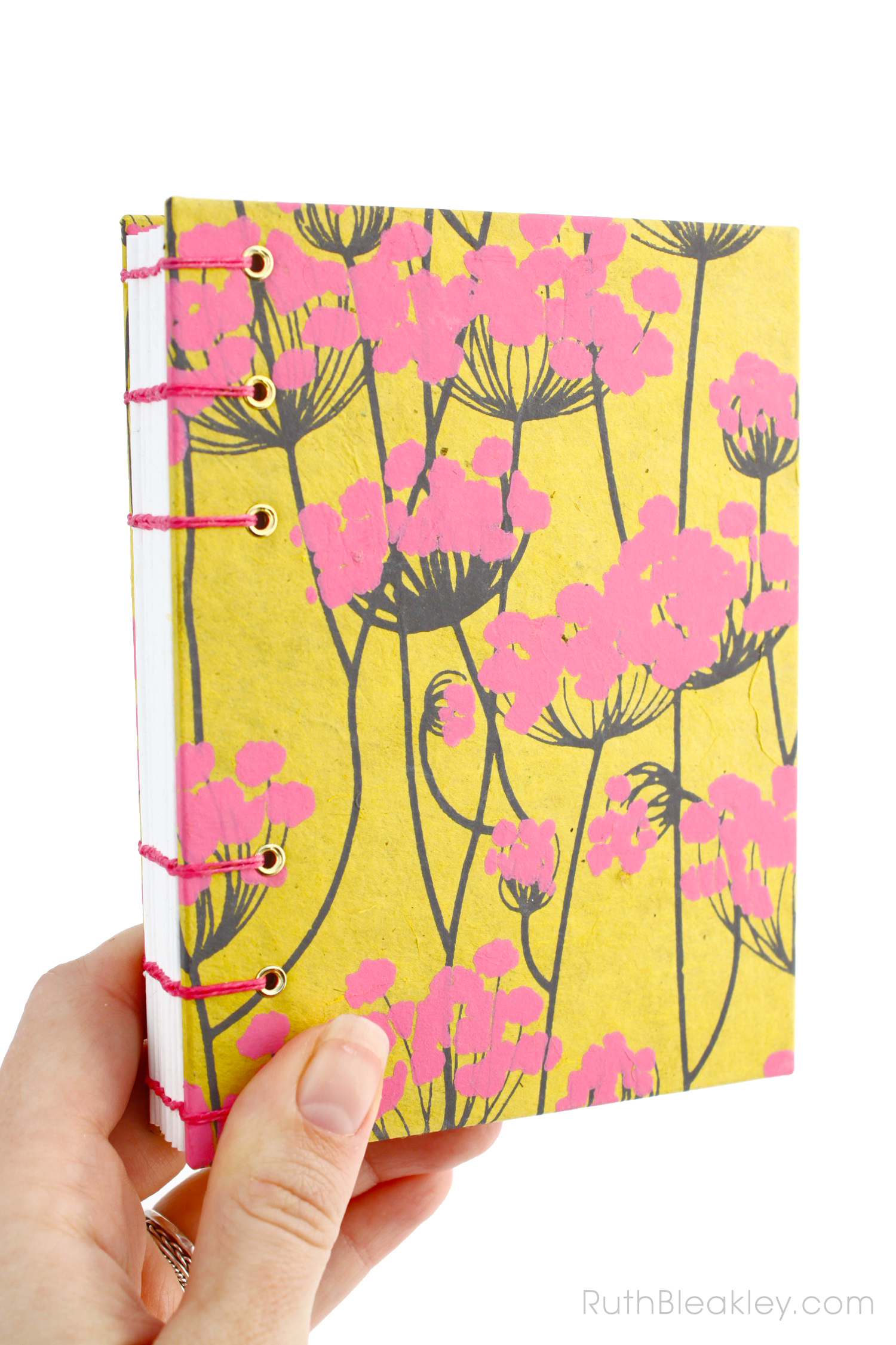 Unlined Blank Sketch Journal handmade by Ruth Bleakley from Indian floral paper - yellow and pink