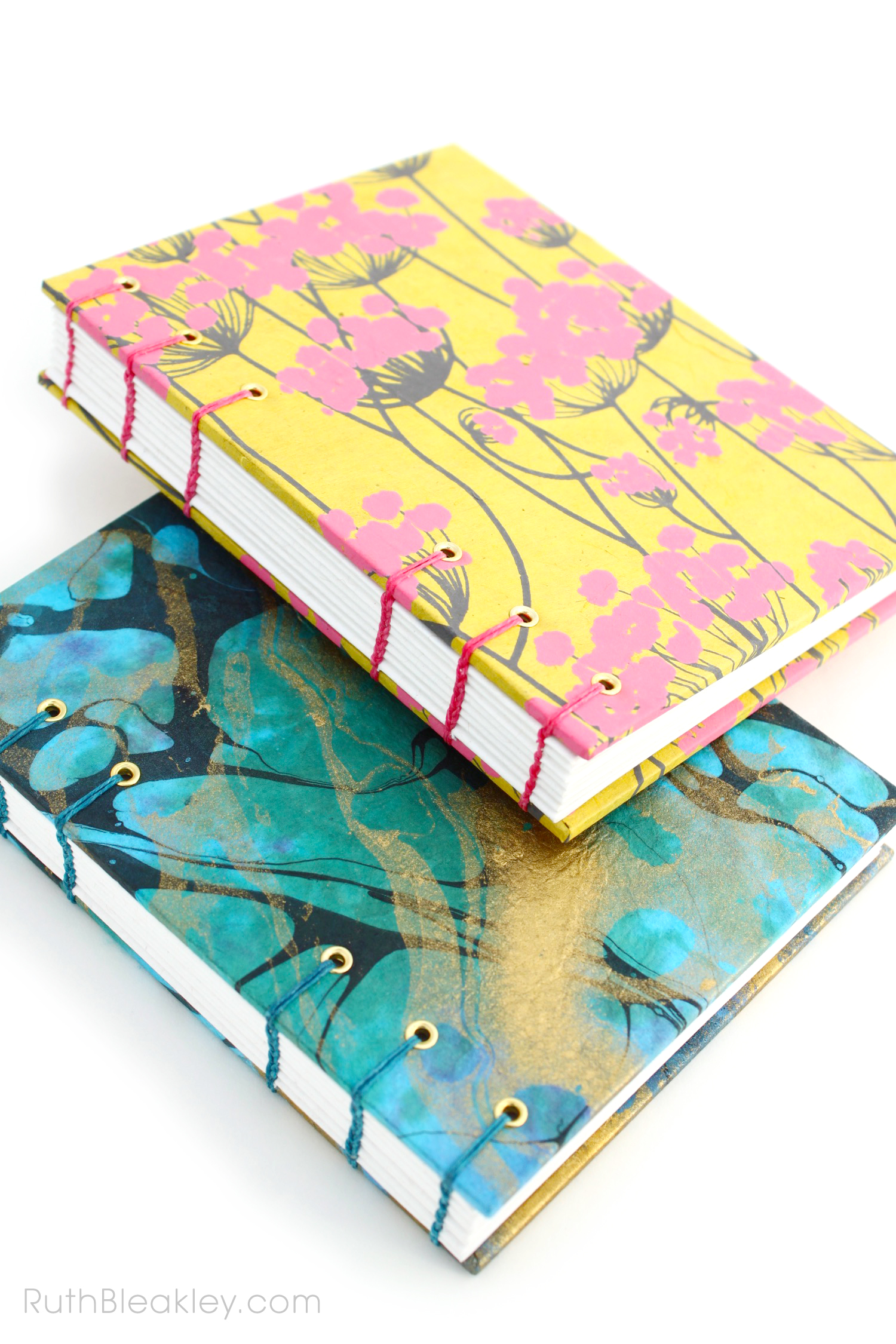 Unlined Blank Sketch Journal handmade by Ruth Bleakley from Indian floral paper - yellow and pink 