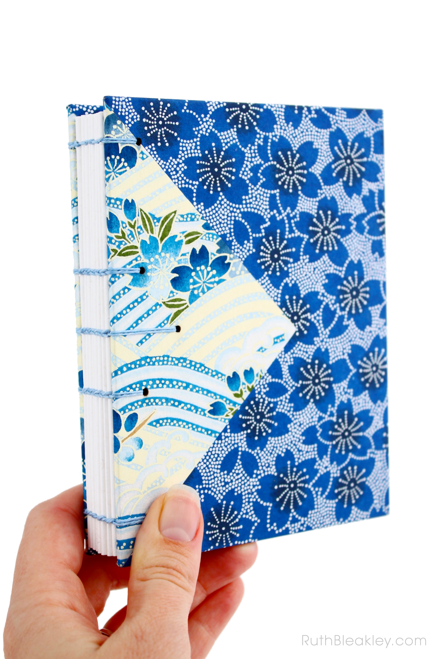 Blue flowers Twin Journals handmade by Ruth Bleakley Coptic Stitch with Japanese Yuzen Paper - 1