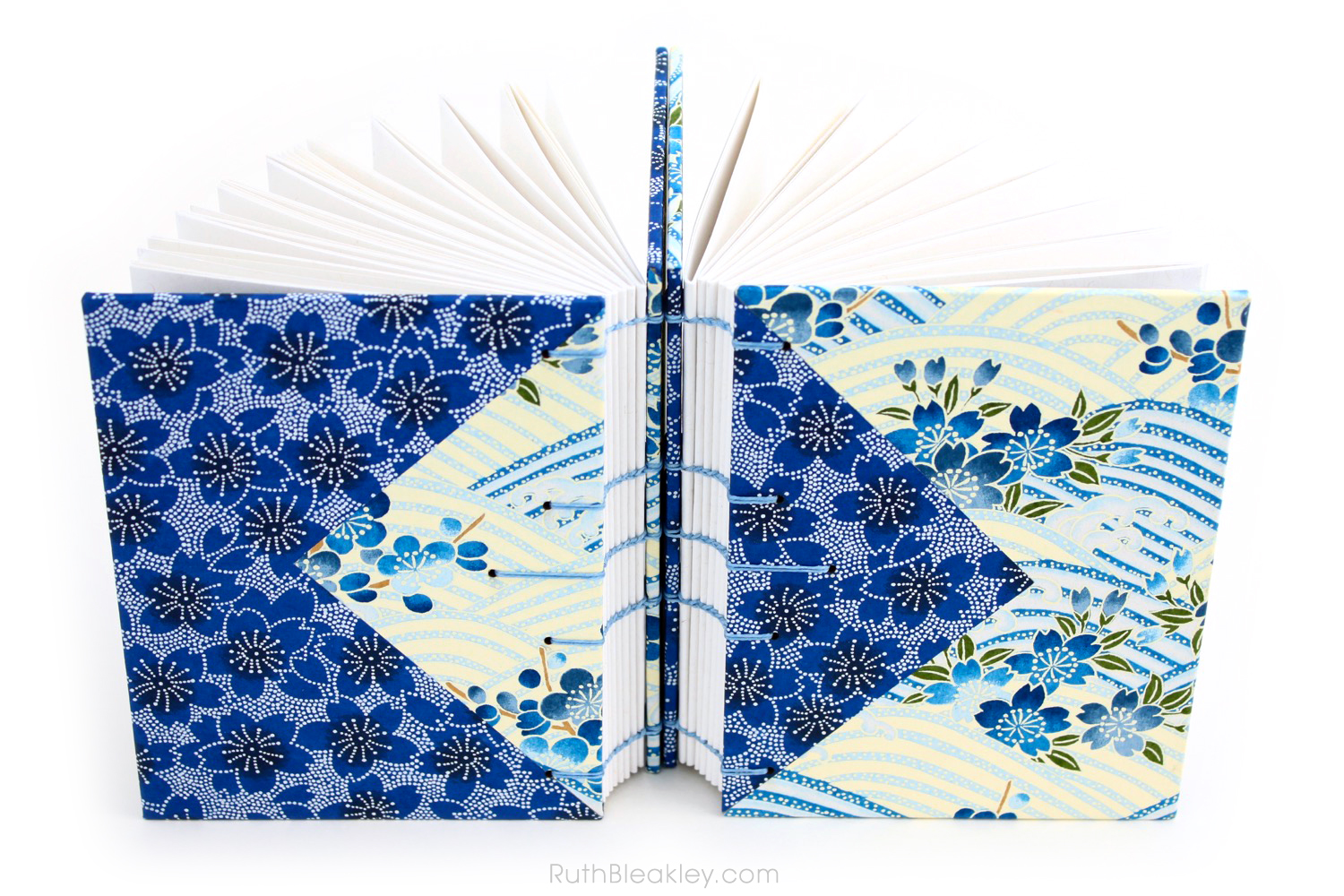 Blue flowers Twin Journals handmade by Ruth Bleakley Coptic Stitch with Japanese Yuzen Paper - 10