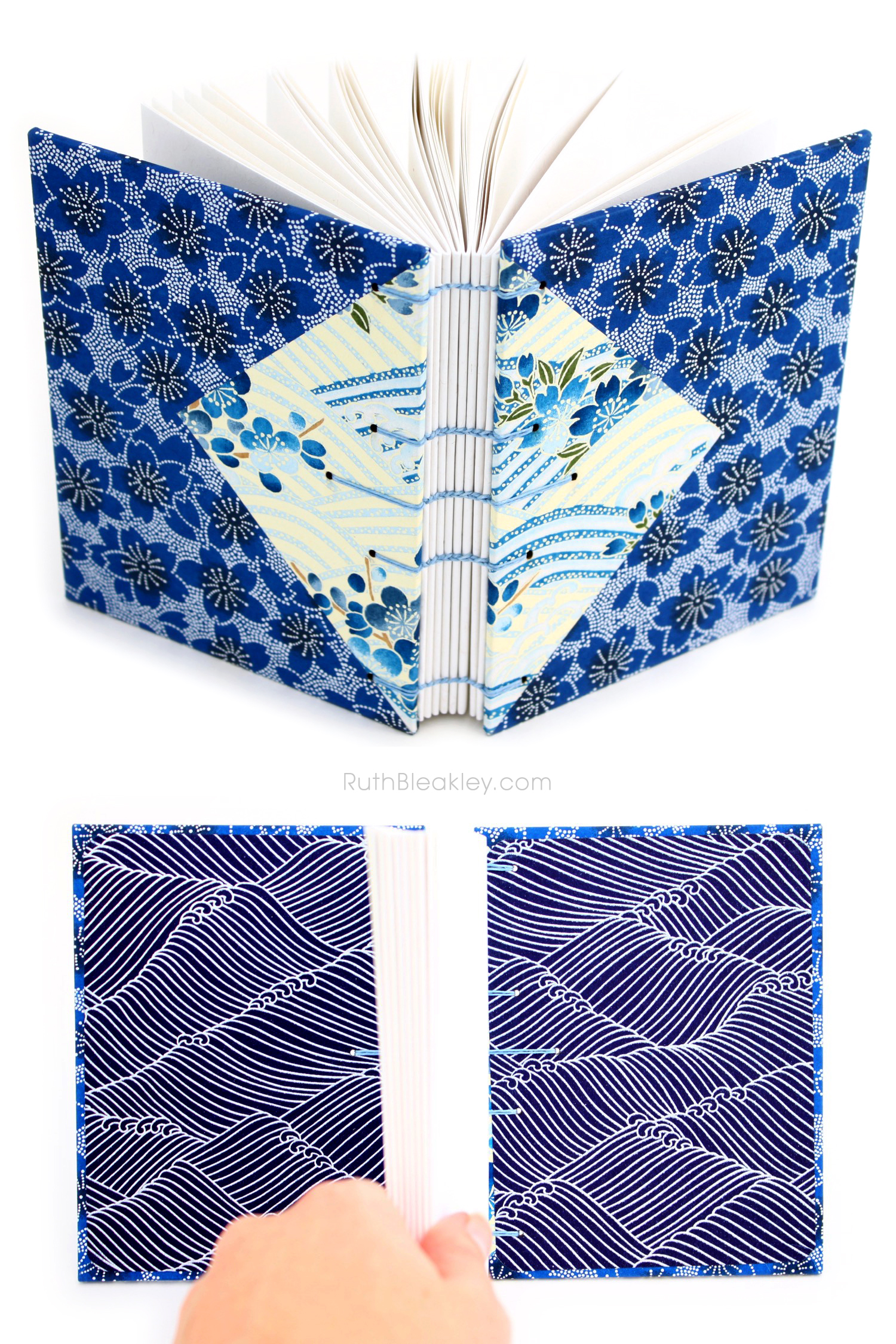 Blue flowers Twin Journals handmade by Ruth Bleakley Coptic Stitch with Japanese Yuzen Paper - 11