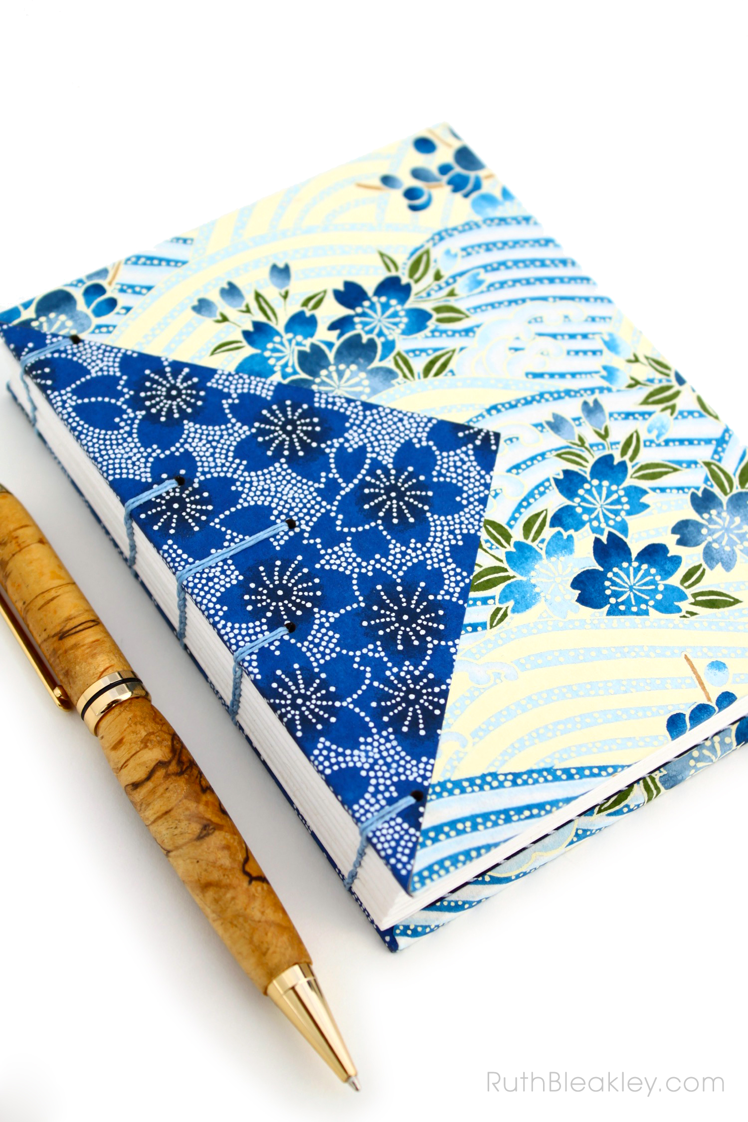 Blue flowers Twin Journals handmade by Ruth Bleakley Coptic Stitch with Japanese Yuzen Paper - 6