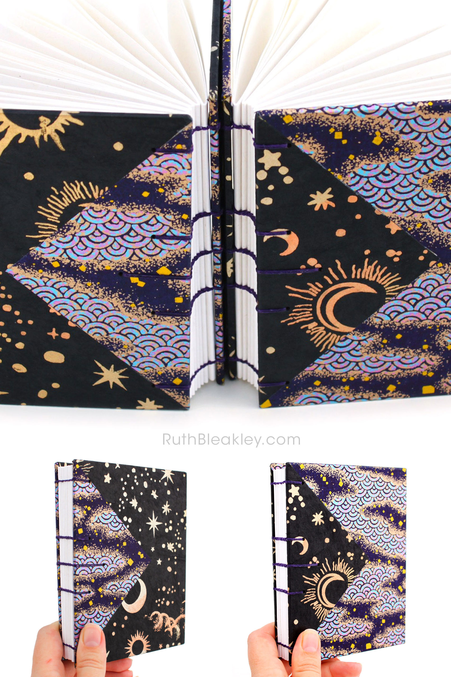 Two black and purple handmade journals by Ruth Bleakley with cosmic imagery