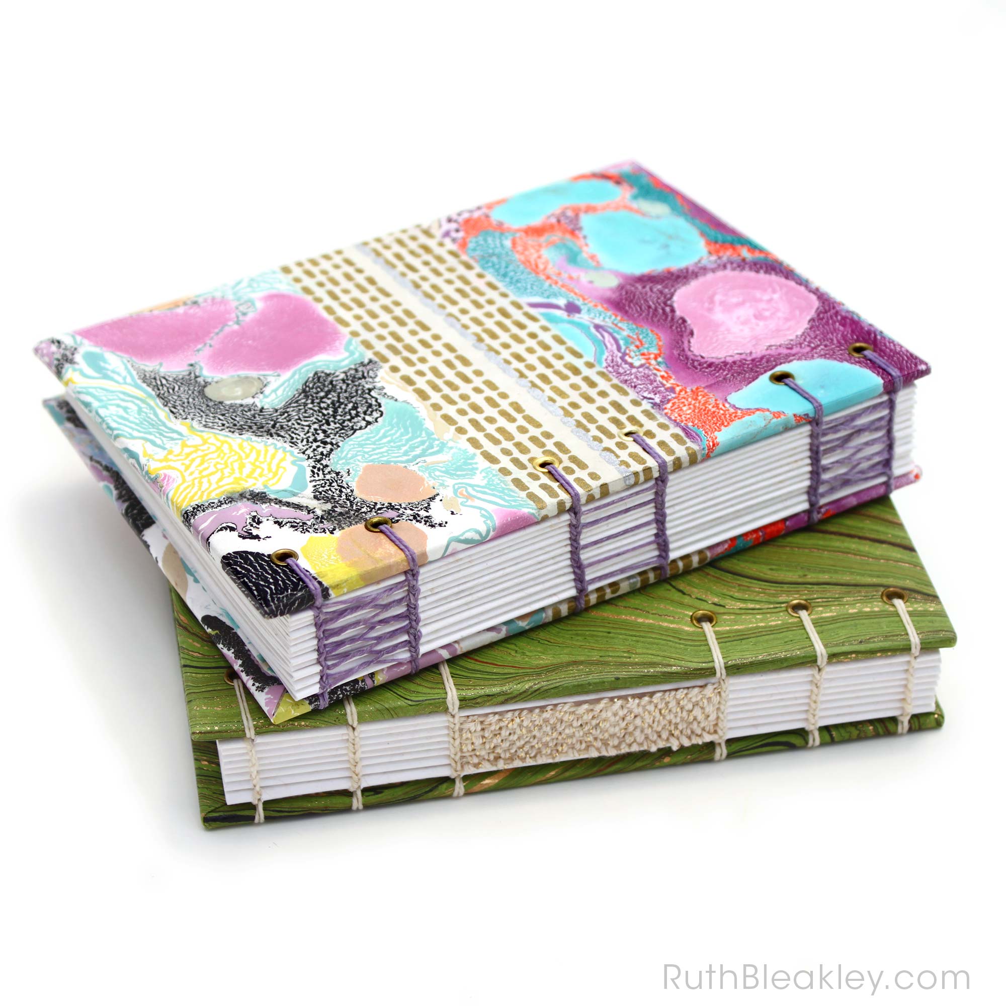 stack of two colorful handmade journals by Ruth Bleakley