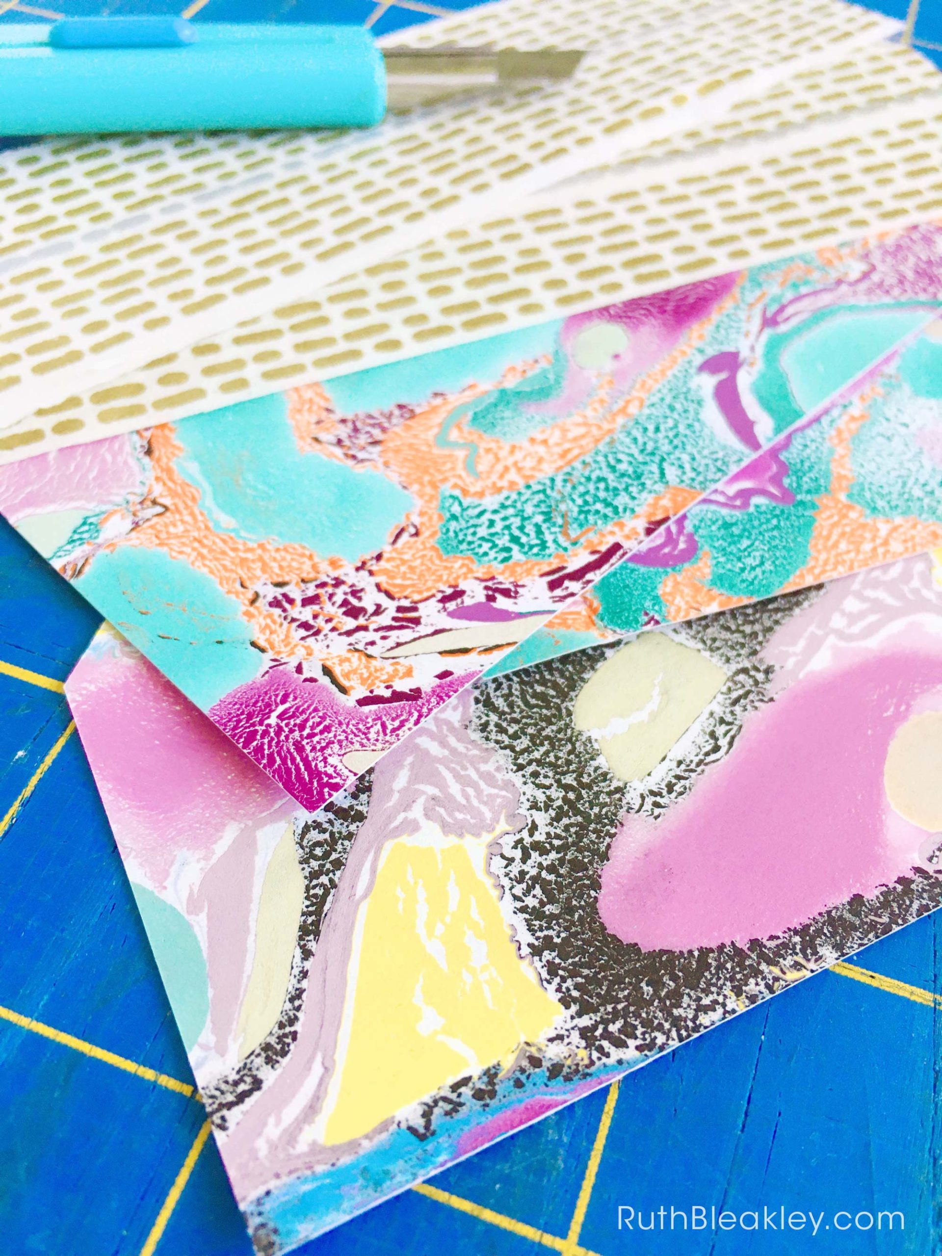 Colorful fractured marbled paper by book artist Ruth Bleakley